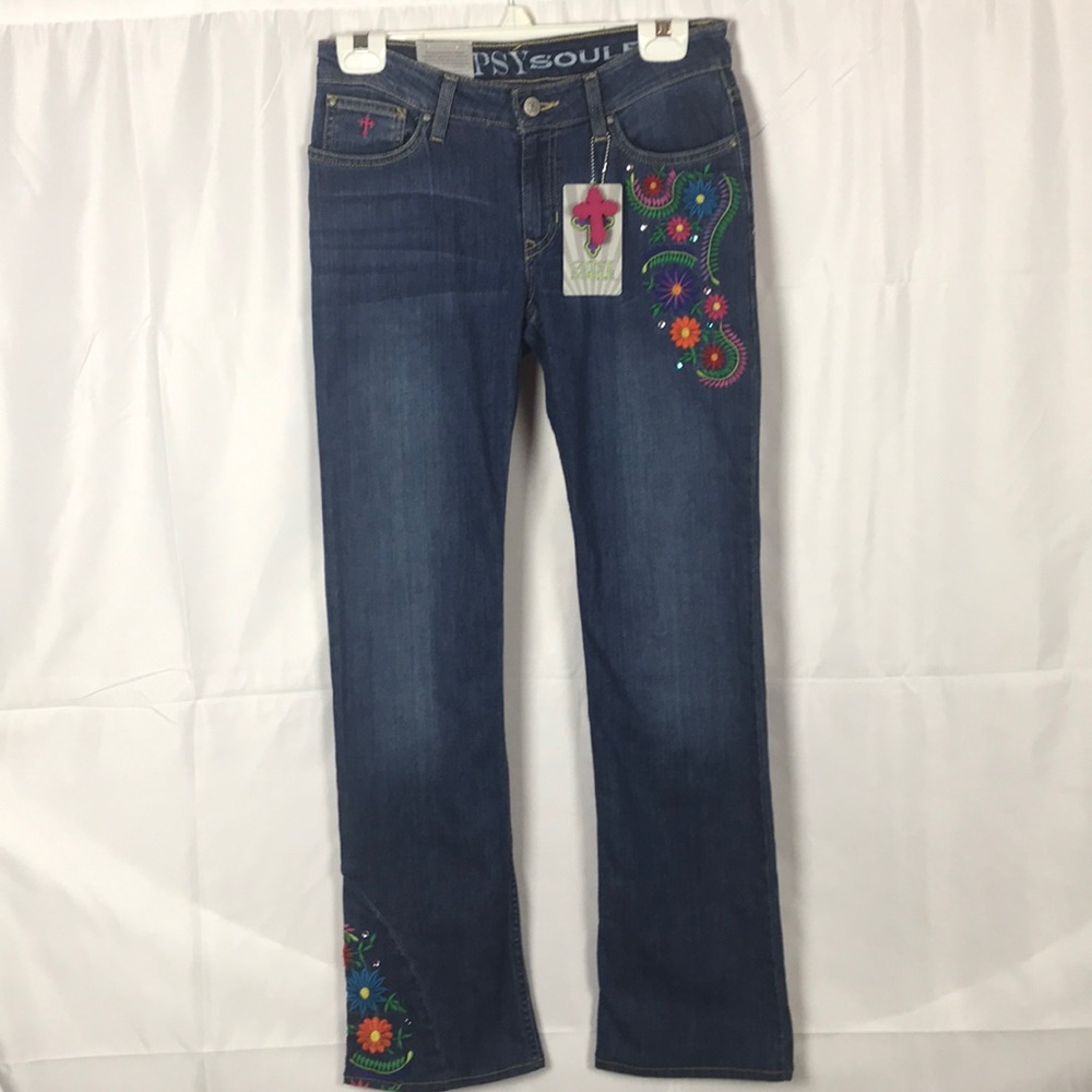 Gypsy Soule blue flare leg embroidered jeans women’s Size 2/26 pants boho